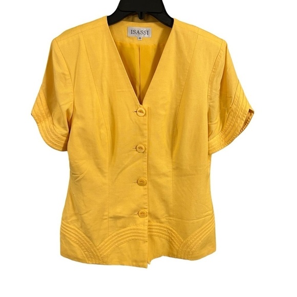 Isassi 2 piece pants suit, yellow, linen blend, USA, Vintage, size 10, large - Picture 1 of 16